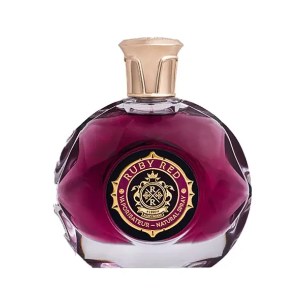 عطر Louis Alavia Ruby Red 100ml با شیشهی قرمز براق و تزئینات طلایی، مناسب برای زنان و مردان