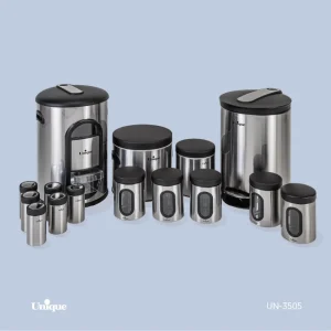 سرویس آشپزخانه استیل یونیک 14 پارچه کد UN-3505 (بدنه استیل و درب مشکی)