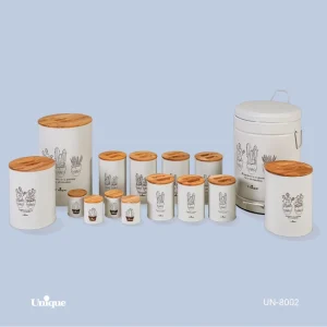 سرویس آشپزخانه یونیک 15 پارچه کد UN-8002 (طرح کرم کاکتوس - درب بامبو)